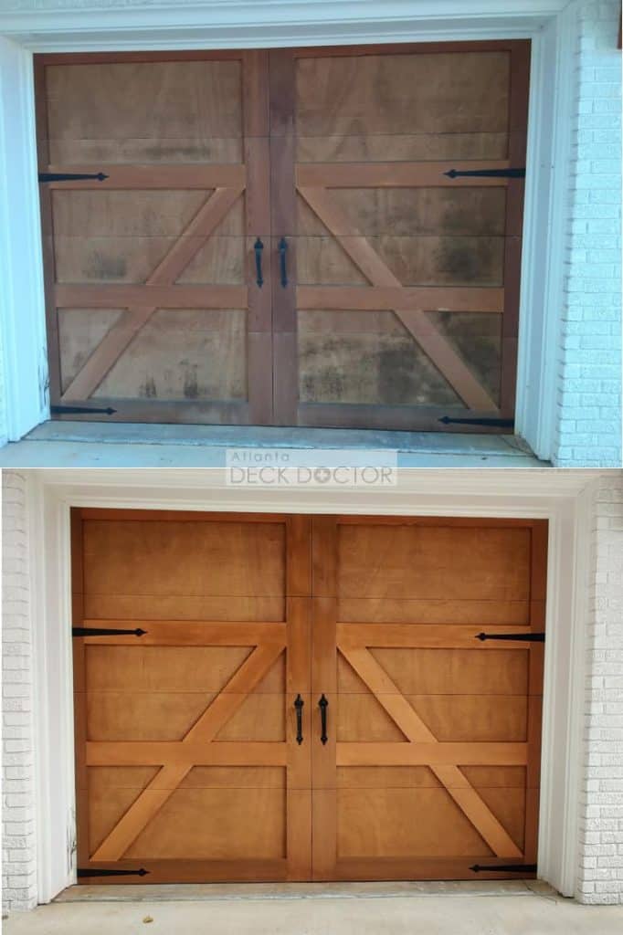 Before After Garage Door Restoration. Top Portion Shows Door With Mildew, Discoloration. Bottom Image Shoes Deck Completely Restored With Natural Wood Tones Finished With Cabot Cedar.