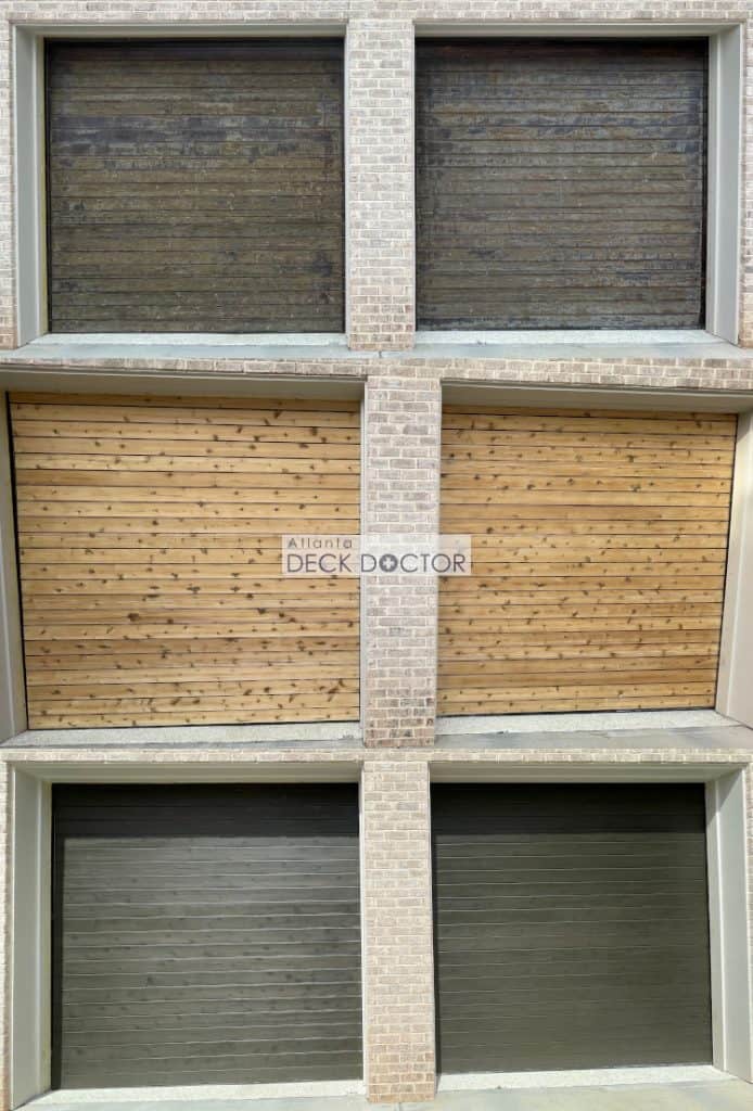 Comparison Of Garage Door Before restoration (top), After Sanding (middle) And After Restoration (bottom). Product Used Is Cabot Oil Based Semi Solid.