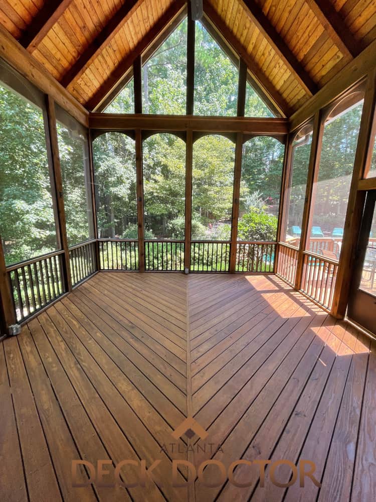 Screen Porch Restoration Project: Cleaning, Staining, Sealing By Atlanta Deck Doctor Circa 2021 Screened Porch Restoration Project 2021: Included Cleaning, Staining, Sealing With TWP.