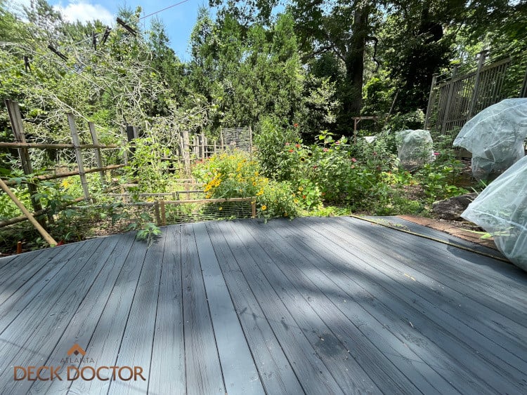 Deck Staining And Sealing Decatur Georgia. Deck Staining & Sealing Project Decatur Georgia. Platform Deck Next To Native Plants Including Black Eyed Susans, Milkweed. Deck Was Stained With Cabot Semi Solid Oil Based Stain & sealer.