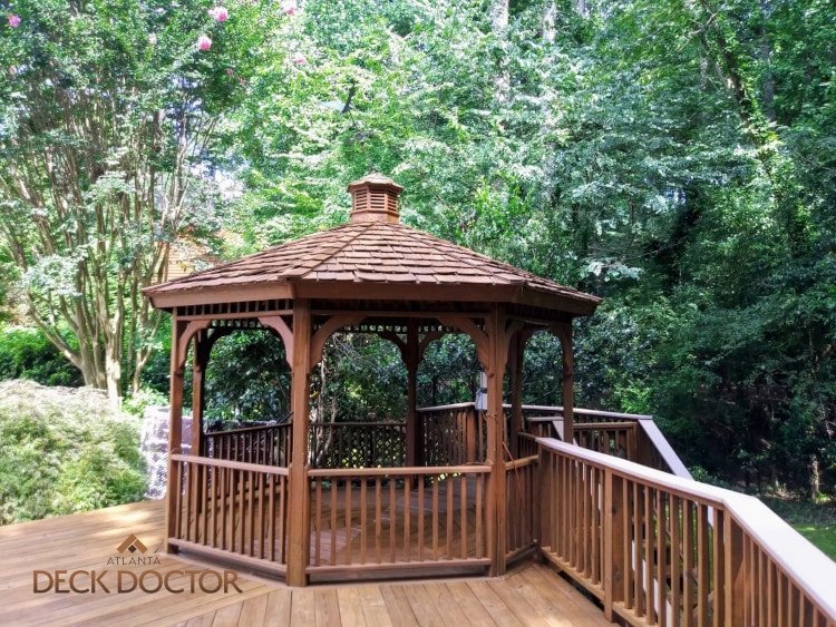 Gazebo Deck Staining & Sealing Dunwoody Deck With Hexagonal Gazebo With Cedar Shake Roof Was Restored - Stained & Sealed With TWP.