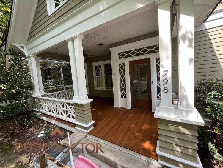 Tongue & Groove Porch Staining & Sealing Early 1900's Virginia Highlands Front Porch With Tongue & Groove Floor. Stained & Sealed With Armstrong-Clark Chestnut