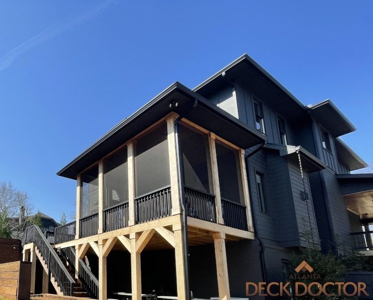Deck & Porch Two Tone Atlanta Deck & Screen Porch Refinishing Project. Dark Grey Painted Spindles Make Stark Contrast With Rough Sawn Naturally Finished Cedar Posts.