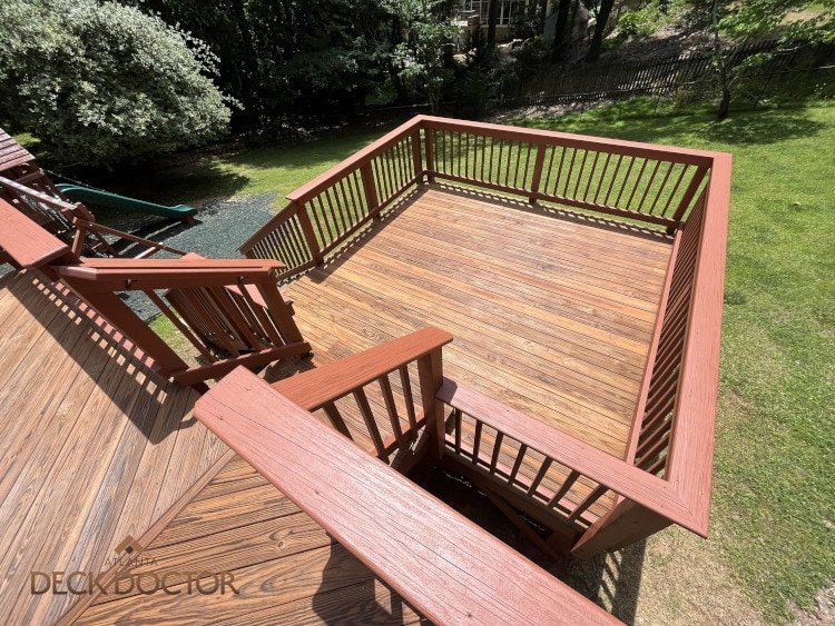 Two Tone Deck Dunwoody (2/2) Two Tone Deck Refinishing Project. Contrast Between Painted Rails And Stained Floor Provides A Custom Look.