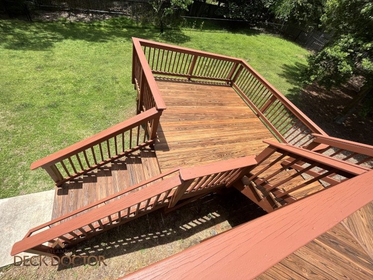 Two Tone Deck Dunwoody (1/2) Two Tone Deck Refinishing Project Dunwoody Georgia. Rails Painted Reddish Brown, Floor Stained TWP Russet.