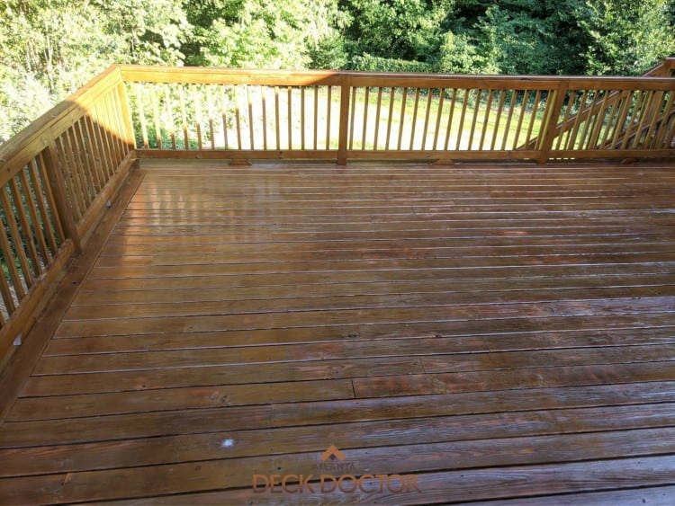 Deck Before Tucker Ga (1 of 4) Customer Attempted To Refinish Deck himself. Stain Remained Glossy, Tacky Deck Is Very Glossy